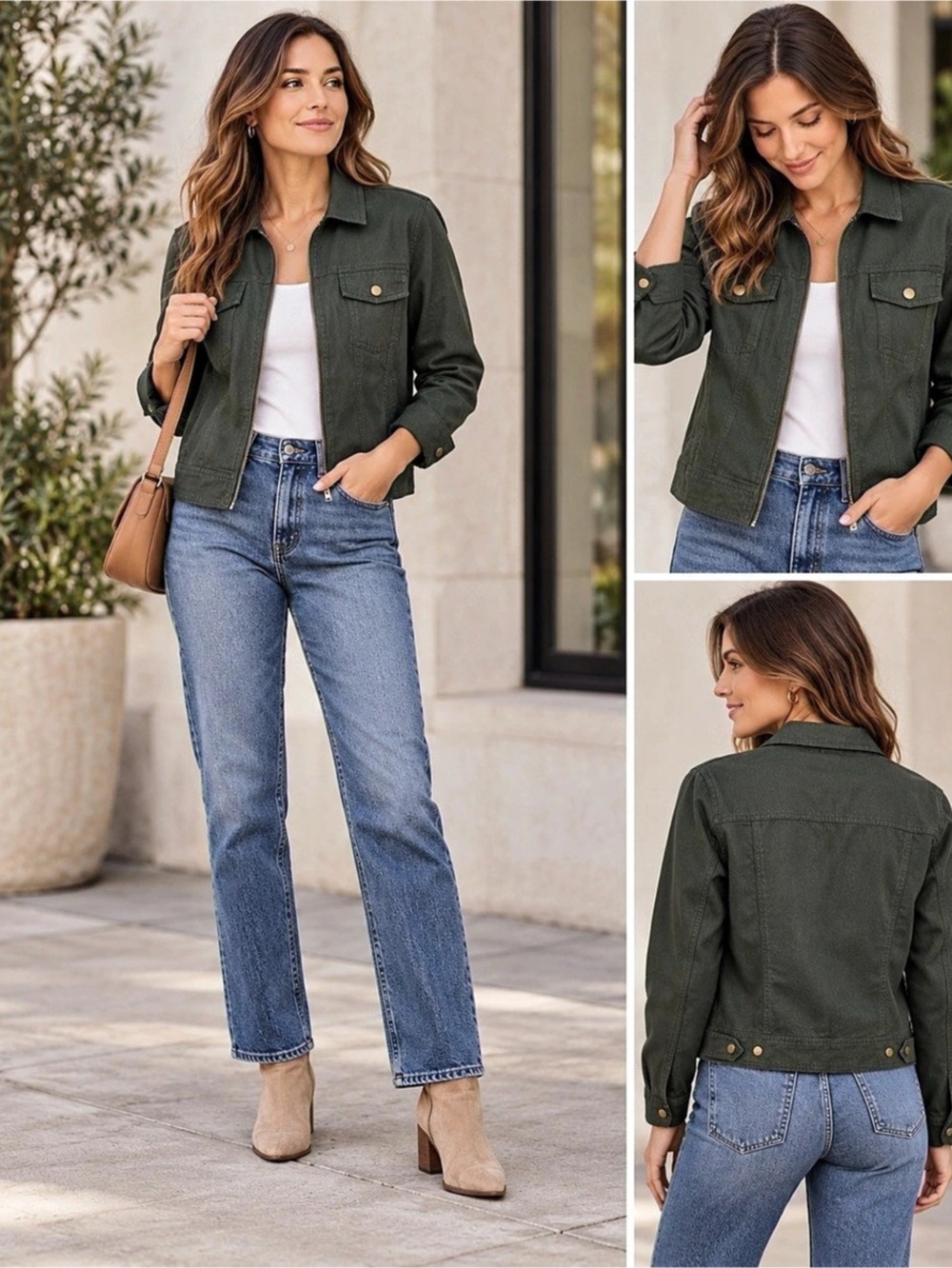 Rachel Zoe Olive Linen Blend Utility Jacket Zip Front Size S